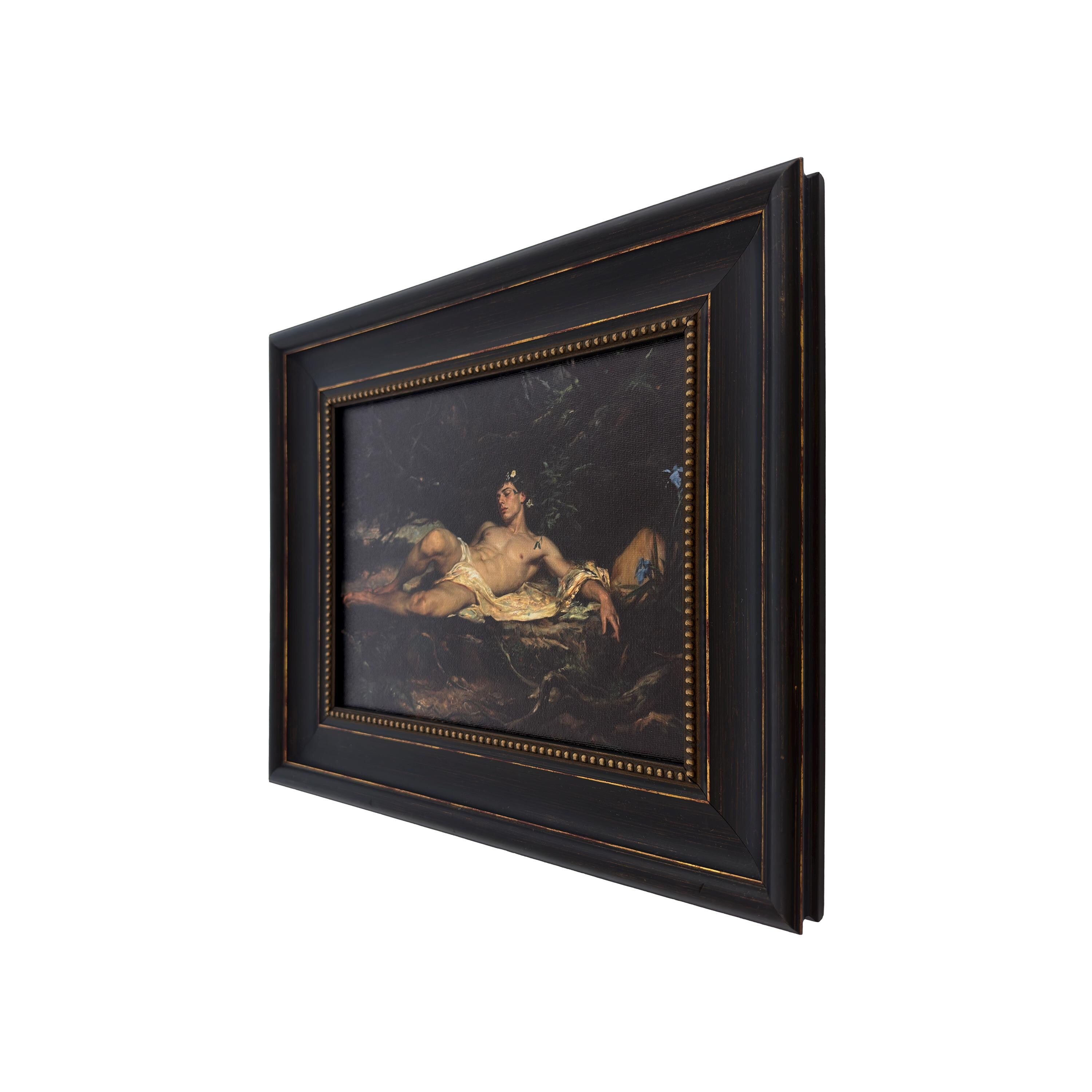 Death of Narcissus Framed Male Nude Art, Mythology Wall Decor, Classical Inspired Canvas Board Print, Vintage Frame, 8"x10"